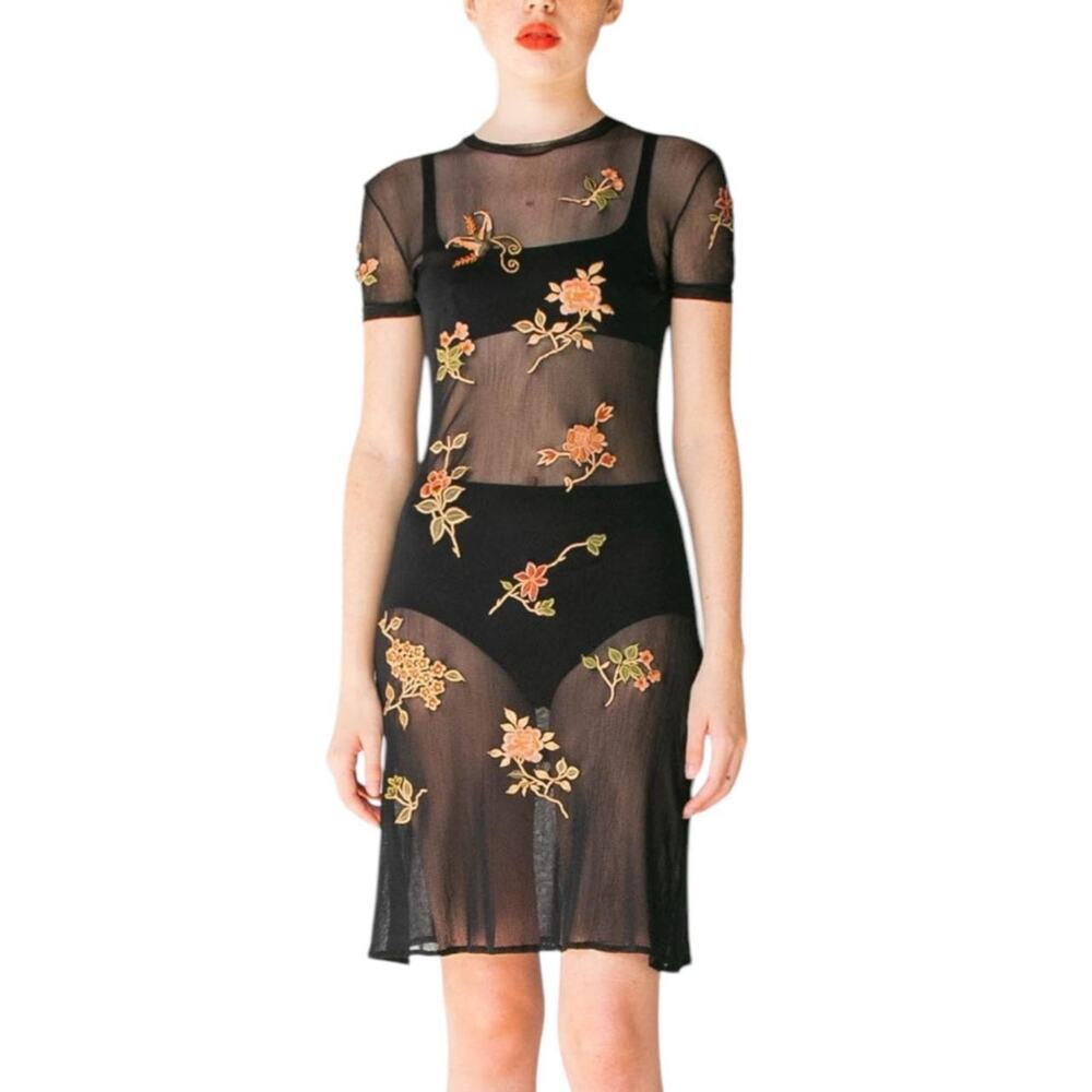 RARE VTG 90s Y2K Vivienne Tam sheer black micro mesh floraldress Size 0